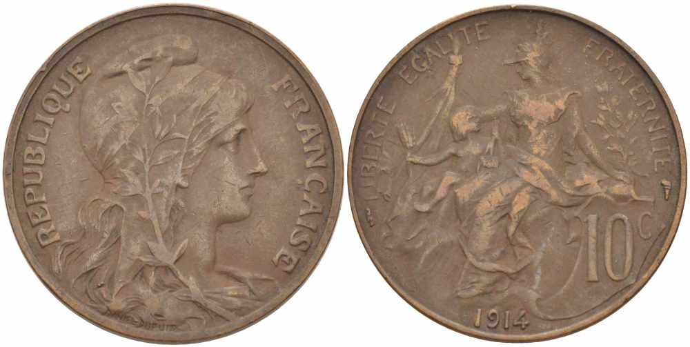 ФРАНЦИЯ 10 САНТИМОВ 1914 ТИП ДАНИЭЛЬ ДЮПЮИ KM 843, LA FRANC 136.24 бронза 109-335