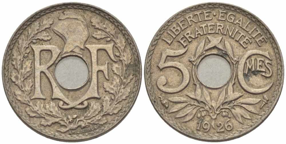 ФРАНЦИЯ 5 САНТИМОВ 1926 ТИП ЛИНДАЙЁ KM 875, LE FRANC 122.11 медно-никель 105-355