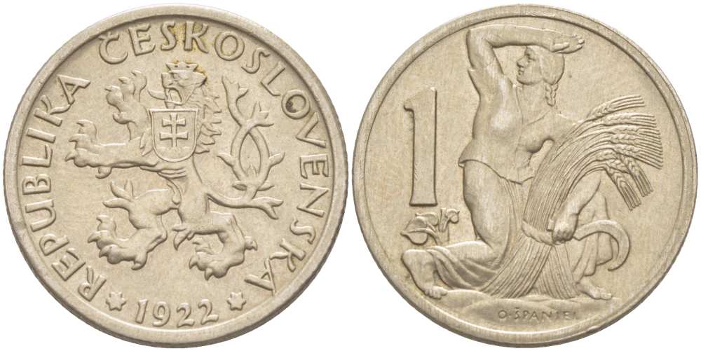 Чехословакия 1 крона 1922 женщина со снопом и серпом KM 4 медно-никель 4514-845