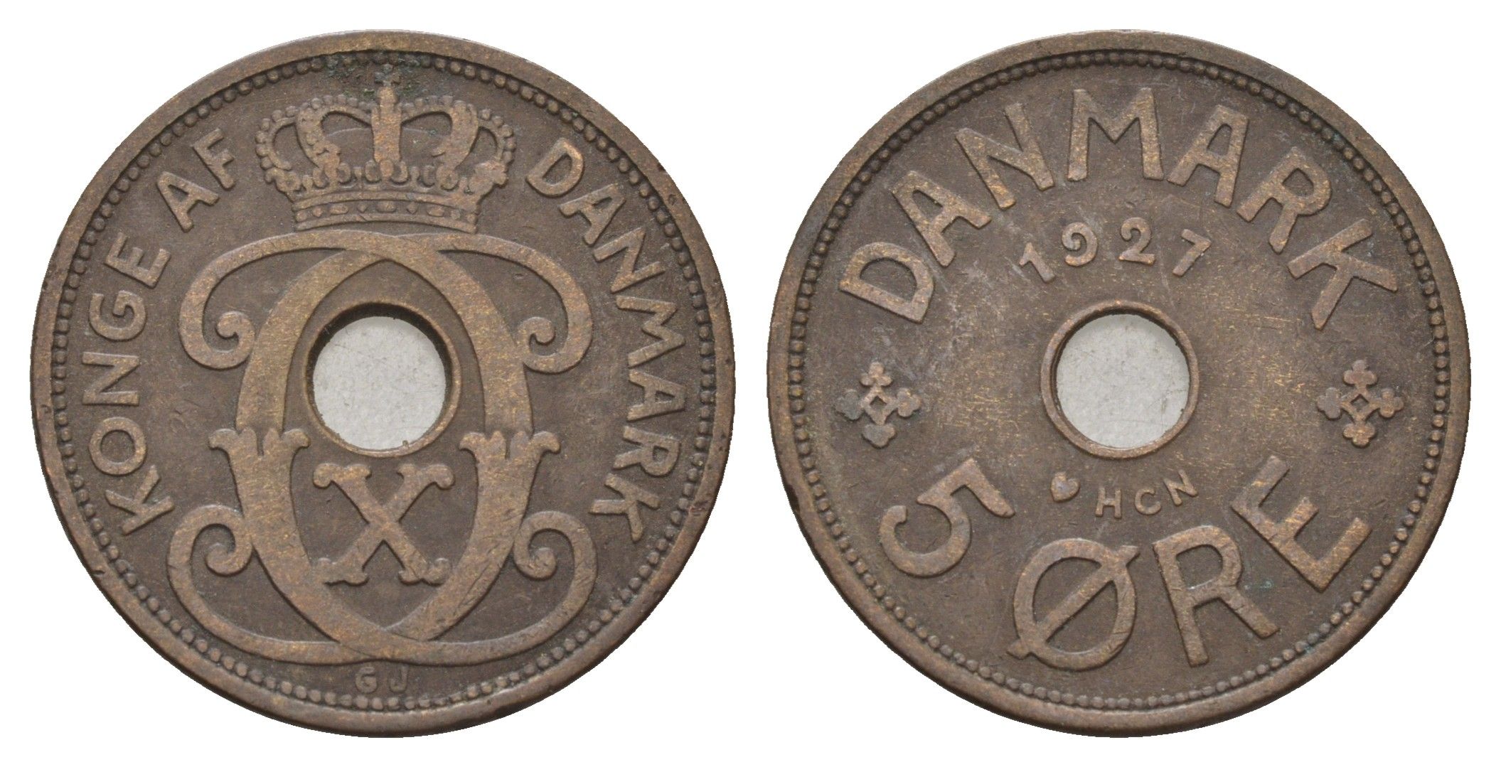 Дания 5 эре 1927 NCH, Кристиан X (1912-1947) KM 828 бронза 4700-812