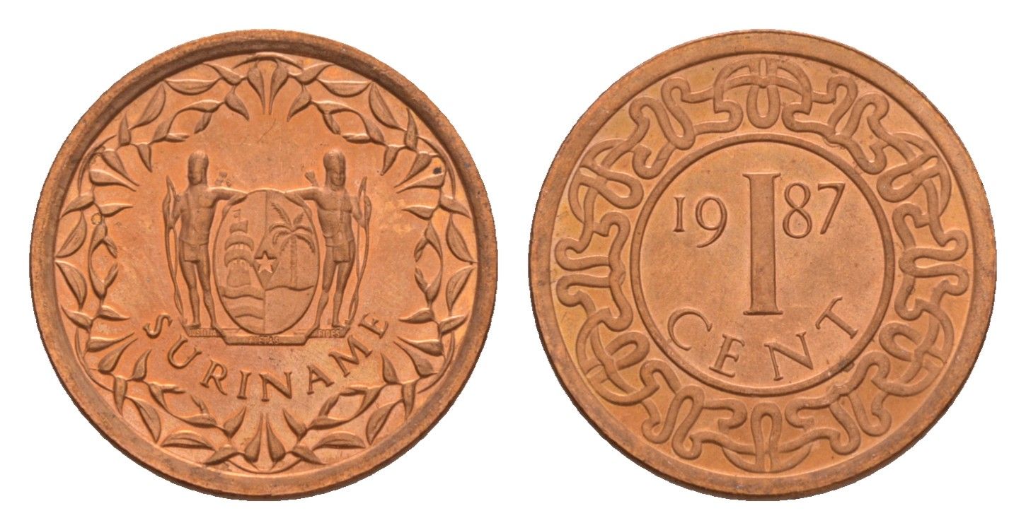 Суринам 1 цент 1987 редкий год KM 11b сталь плакированная медью UNC 4649-949