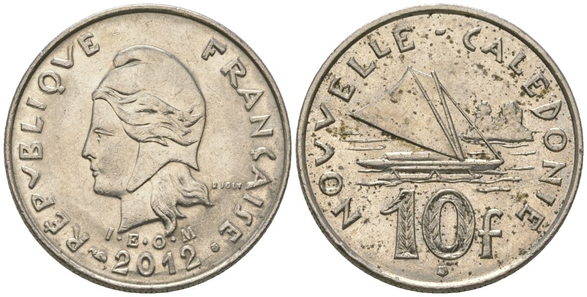 Французская Новая Каледония 10 франков 2012 рыбачья парусная лодка, (IEOM) KM 11a, Schoen 13a, Lec 99k медно-никель 65-536