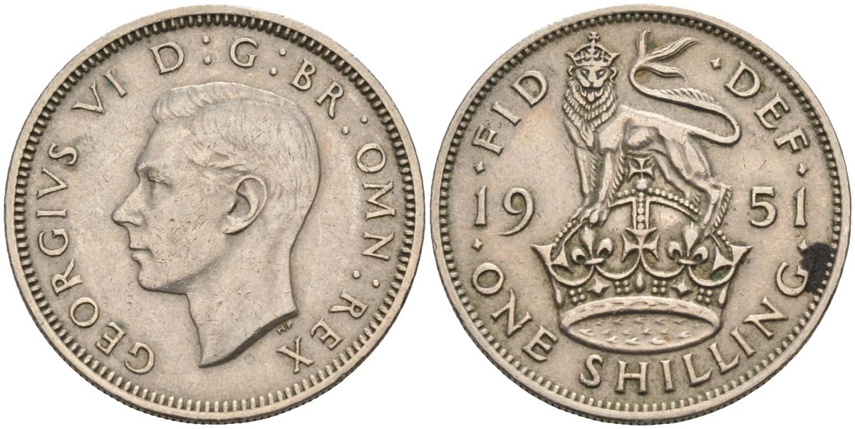 Великобритания 1 шиллинг 1951 Георг VI (1936-1952), Английский герб KM 876, Spink 4108 медно-никель 4126-454
