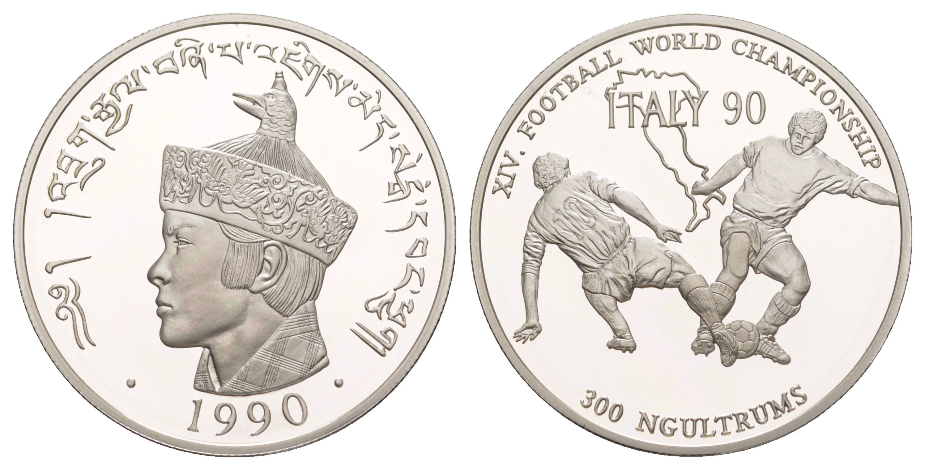 Бутан 300 нгултрумов 1990 Чемпионат Мира по футболу 1990 KM 61 серебро PROOF 1083-2-63