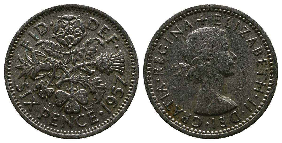 Великобритания 6 пенсов 1957 Елизавета II (1952-2022) KM 903, Spink 4149 медно-никель 4381-659