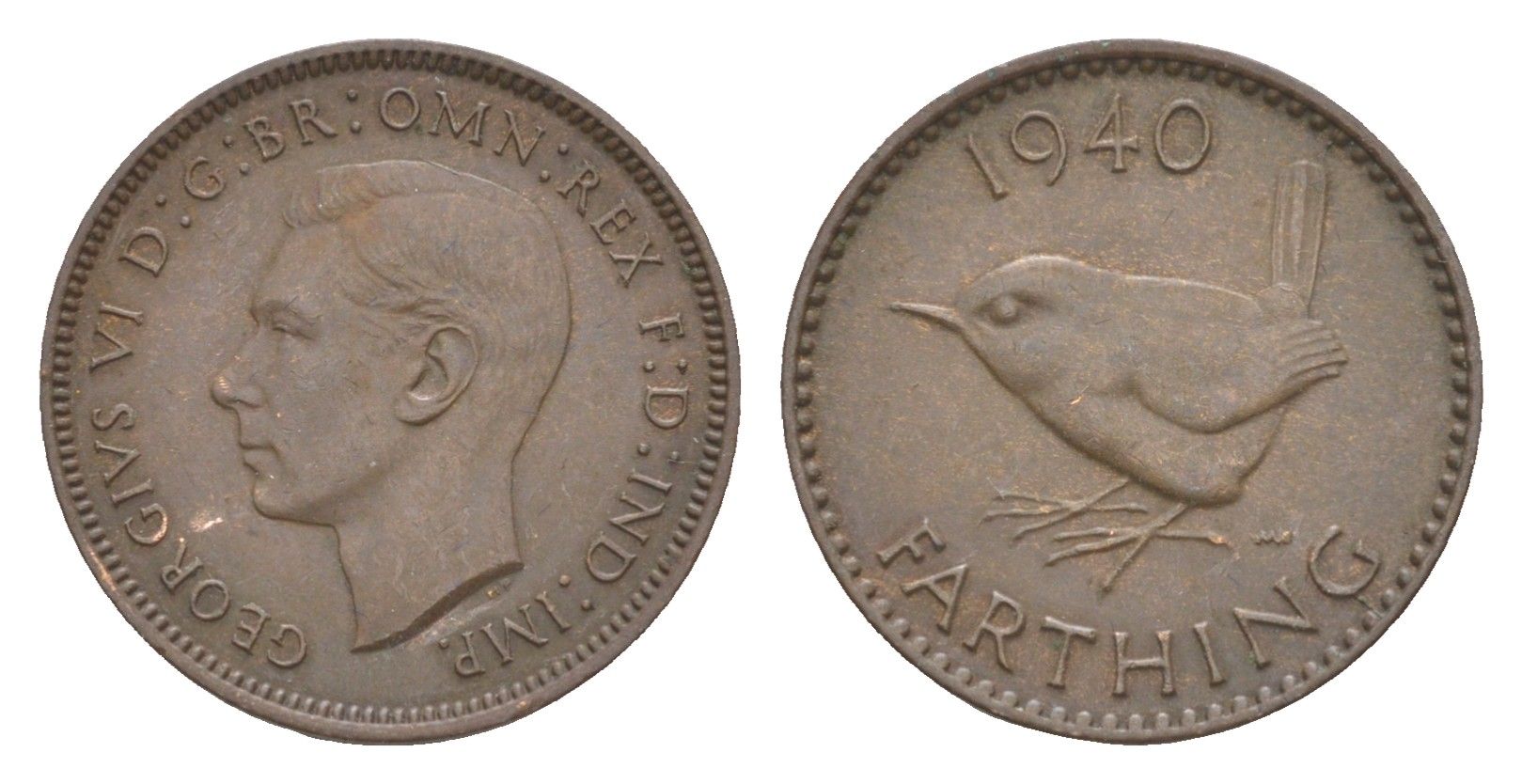 Великобритания 1 фартинг 1940 Георг VI (1936-1952) KM 843, Spink 4116 бронза 3718-349