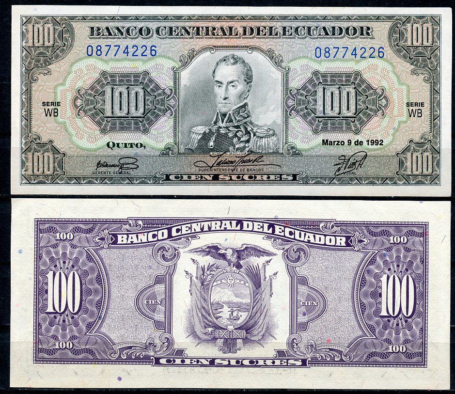 Эквадор 100 сукре 1992 Симон Боливар, 9 марта, серия WB Pick 123А b (1992 (1))  бумага  UNC (пресс) 3295-34-3-1
