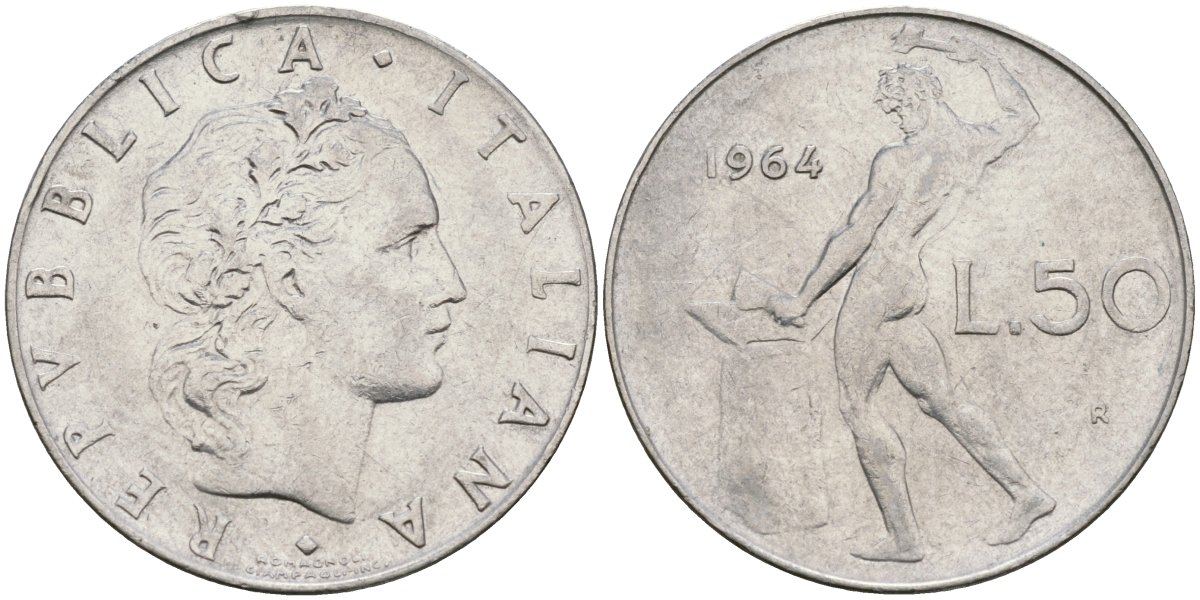 Италия 50 лир 1964 R, бог огня Вулкан у наковальни KM 95.1 нержавеющая сталь 4171-1024