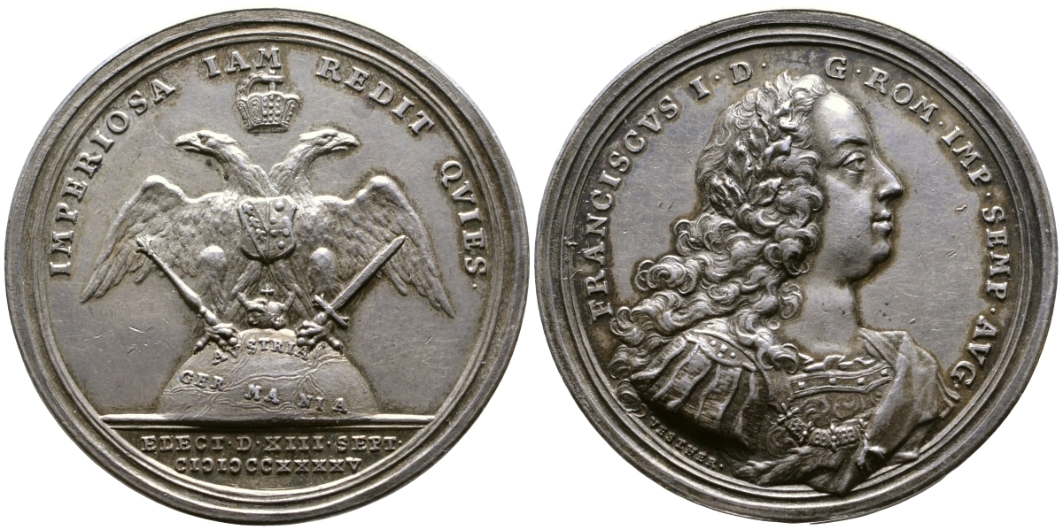 Франкфурт медаль 1745 на выборы Франциска I Римским Императором Bernheimer 341 серебро UNC 10-002-21