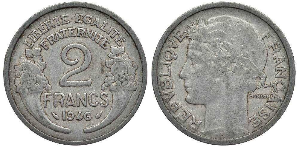 ФРАНЦИЯ 2 ФРАНКА 1946 ТИП MORLON KM 886а.1, LE FRANC 269.8 алюминий 27-822