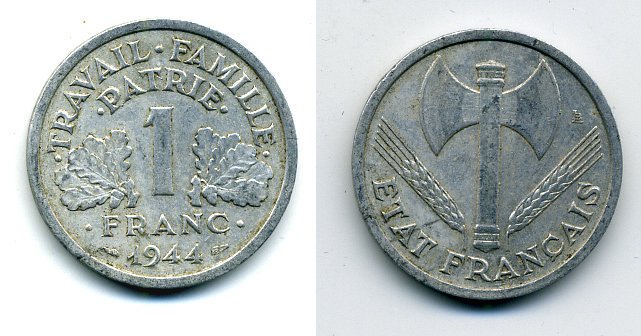 ФРАНЦИЯ 1 ФРАНК 1944 ТИП LEGERE, ПРАВИТЕЛЬСТВО ВИШИ KM 902.1, LE FRANC 223.5 алюминий 37-1113