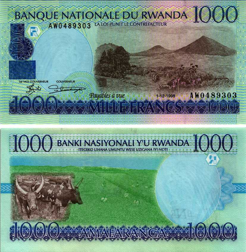 РУАНДА 1000 ФРАНКОВ 1998 1 ДЕКАБРЯ 1998, ВУЛКАН, ЧАЙНЫЕ ПЛАНТАЦИИ, КОРОВЫ Pick 27 бумага UNC (ПРЕСС) 6312-67-2-2