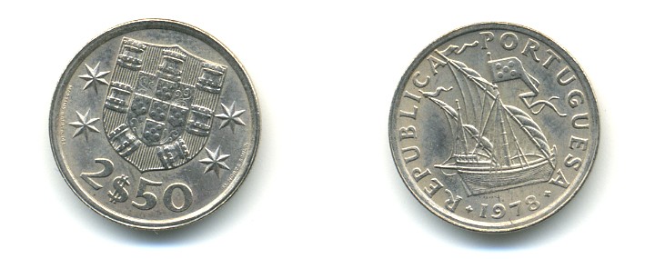 ПОРТУГАЛИЯ 2,5 ЭСКУДО 1978 ПАРУСНИК KM 590 медно-никель 176-146