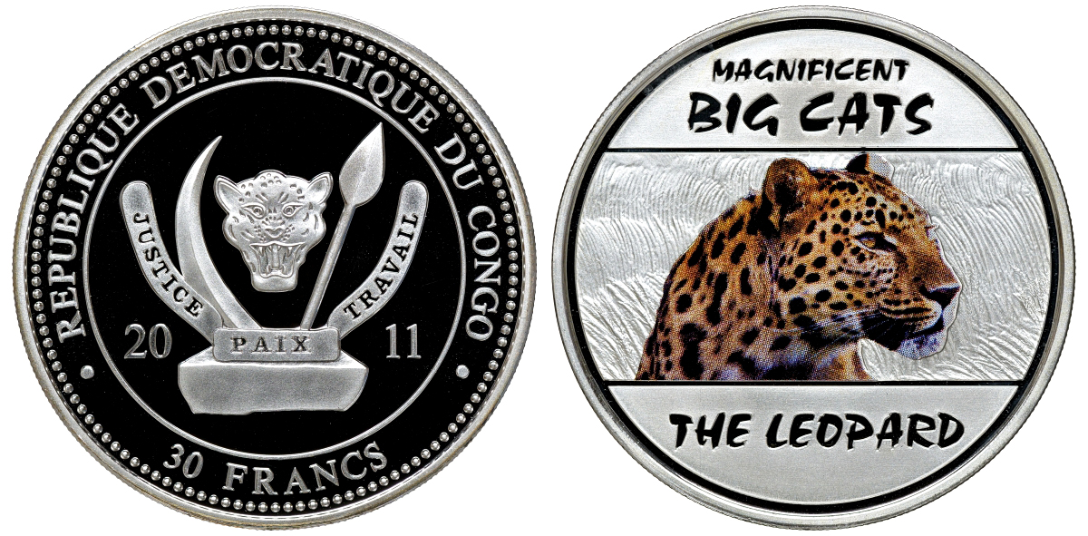 Конго набор из 4 монет по 30 франков 2011 серия 'Величественные крупные кошки', тигр, леопард, гепард, лев, вес каждой монеты 20 гр., тираж 3000 наборов, эмаль, в оригинальной деревянной коробке с сертификатом серебро PROOF 4-3-2-08
