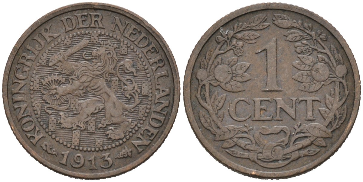 Нидерланды 1 цент 1913 Вильгельмина (1890-1948) KM 152 бронза 4576-668
