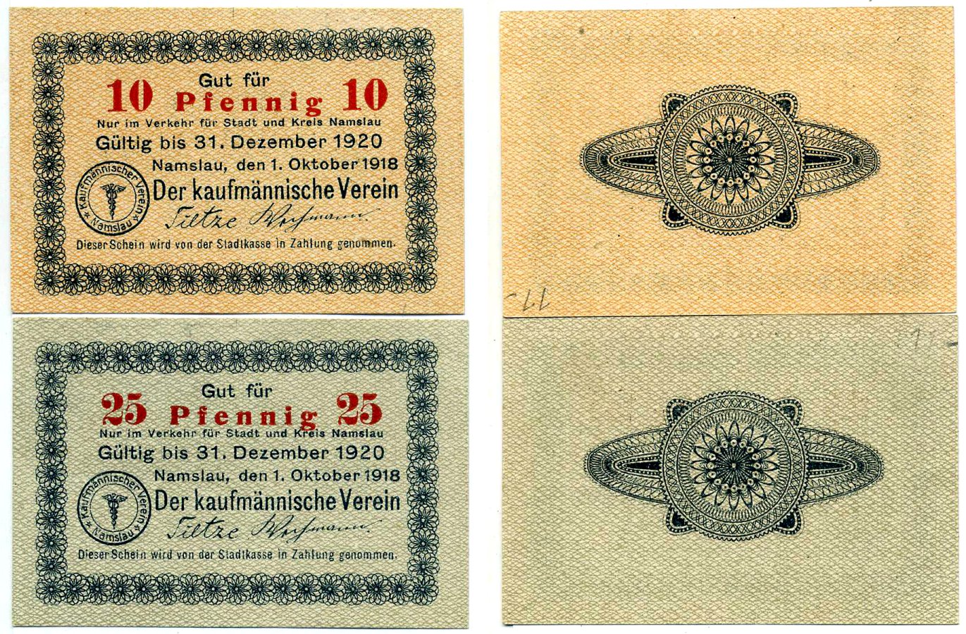 Намслау лот из 2 банкнот 1920 1 октября 1918 - 31 декабря 1920, нотгельд (10, 25 пфеннигов), земля Силезия бумага 2195-52-3-2