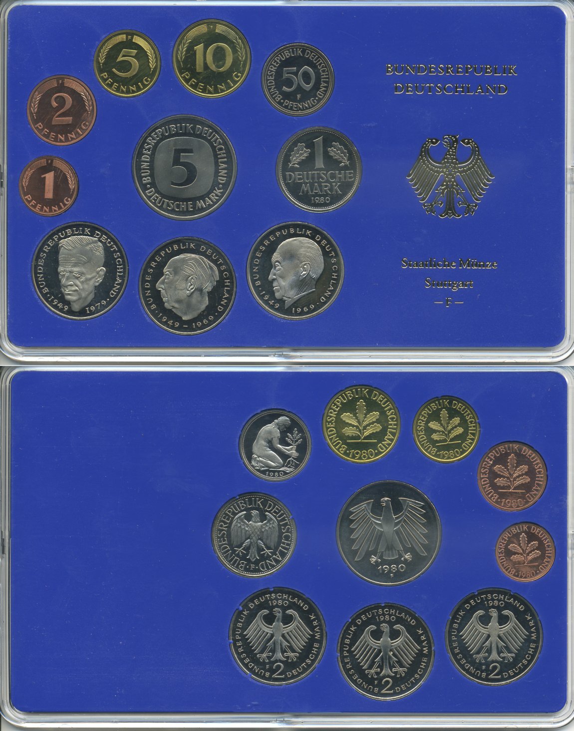 ФРГ НАБОР ИЗ 9 МОНЕТ 1980 F ОФИЦИАЛЬНЫЙ НАБОР В ПЛАСТИКЕ PROOF 00-00