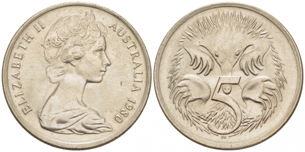 АВСТРАЛИЯ 5 ЦЕНТОВ 1980 ЕЛИЗАВЕТА II, МОЛОДОЙ ПОРТРЕТ, ЕХИДНА KM 64 медно-никель UNC 3851-1132