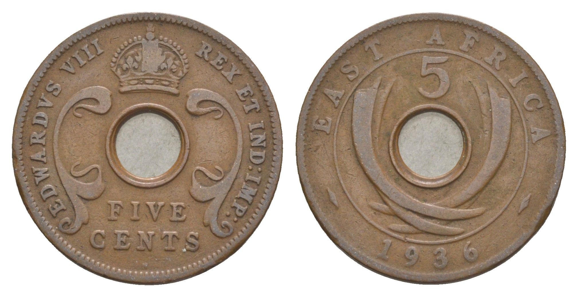 Британская Восточная Африка 5 центов 1936 H, Эдуард VIII KM 23 бронза 4652-853
