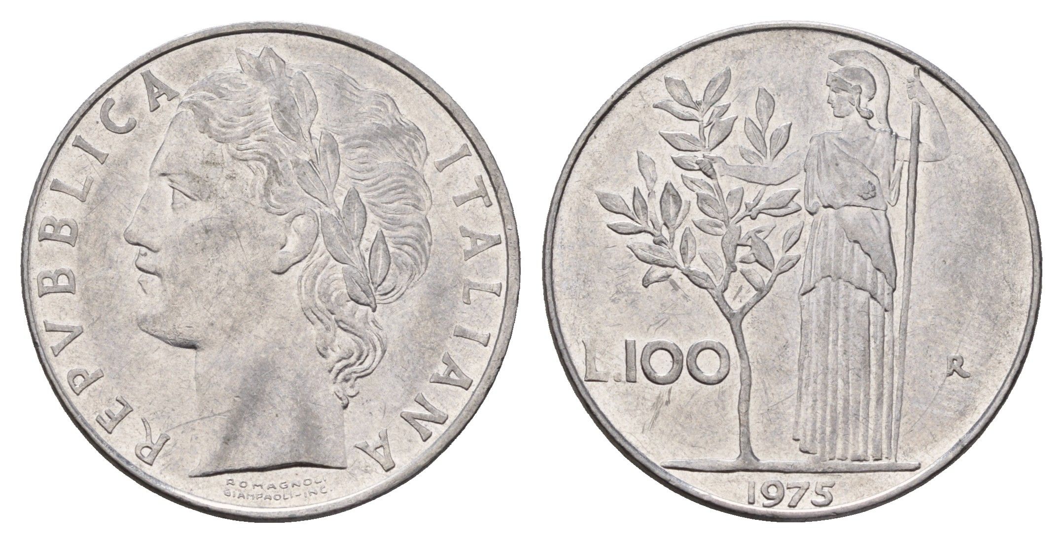 Италия 100 лир 1975 R, Афина у оливкого дерева KM 96.1 нержавеющая сталь 3856-116