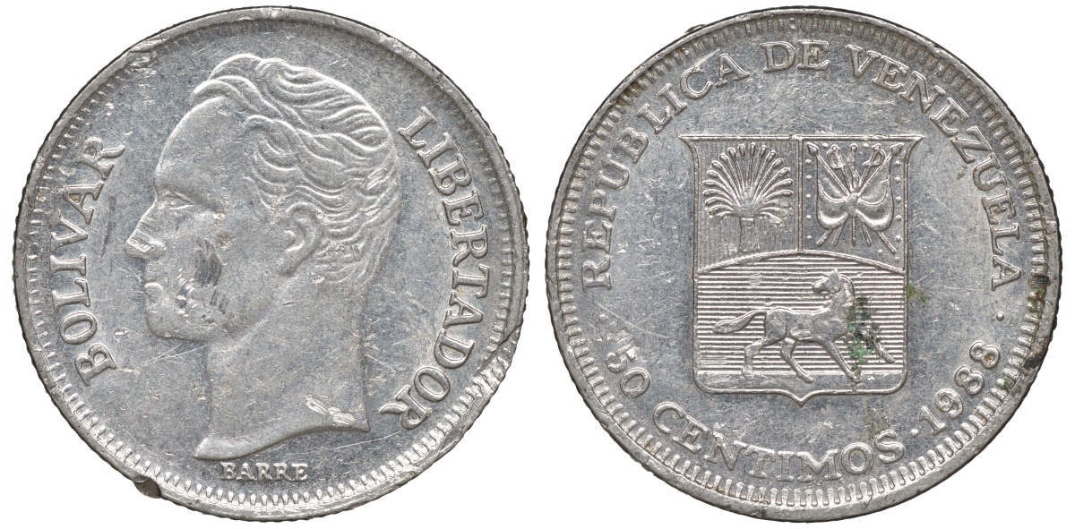 Венесуэла 50 сентимо 1988 KM 41a сталь плакированная никелем 4606-332