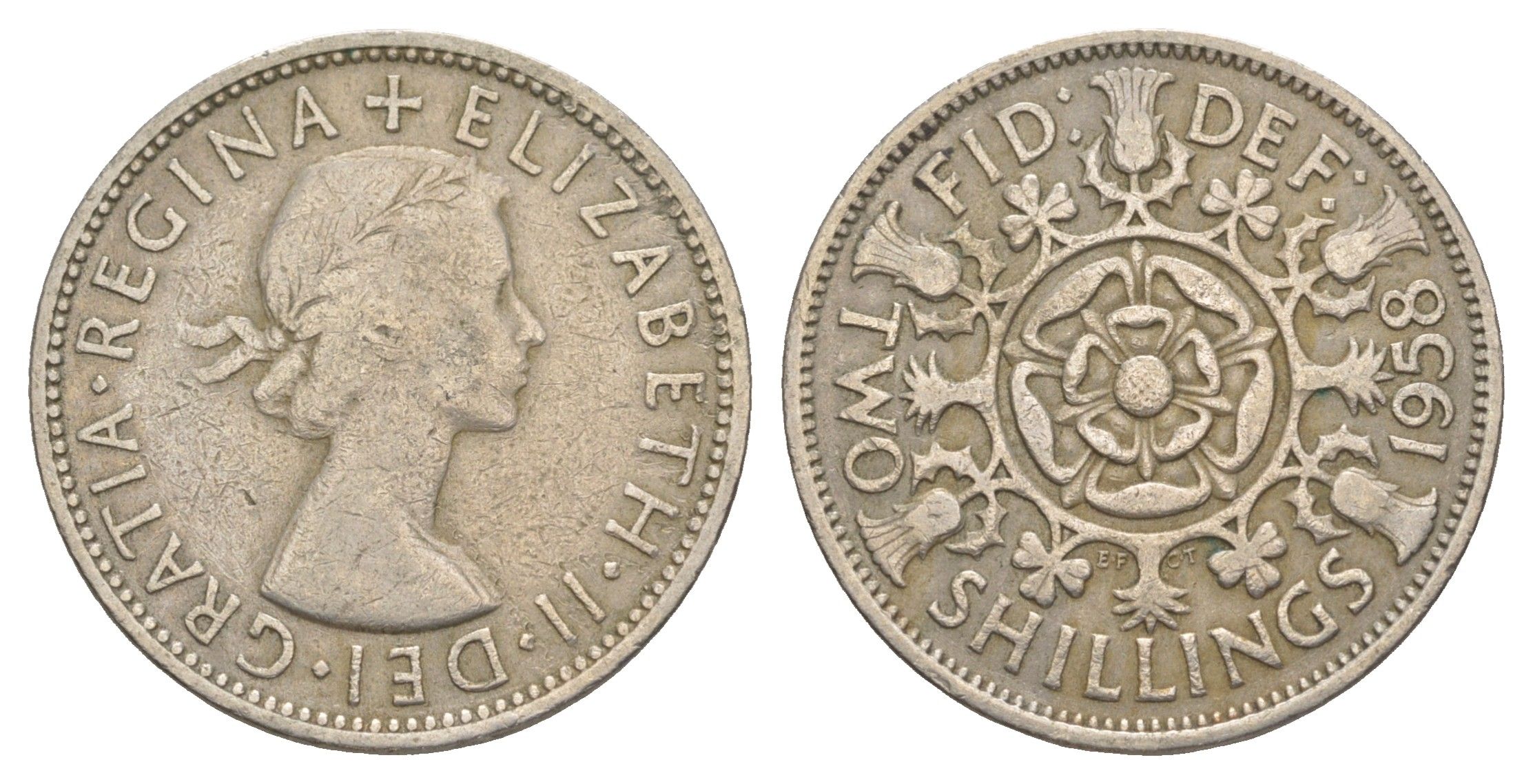 Великобритания 2 шиллинга (флорин) 1958 Елизавета II (1952-2022) KM 906, Spink 4146 медно-никель 4167-457