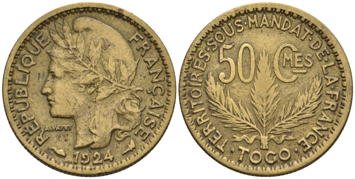 Того 50 сантимов 1924 KM 1 алюминиевая бронза 4605-711