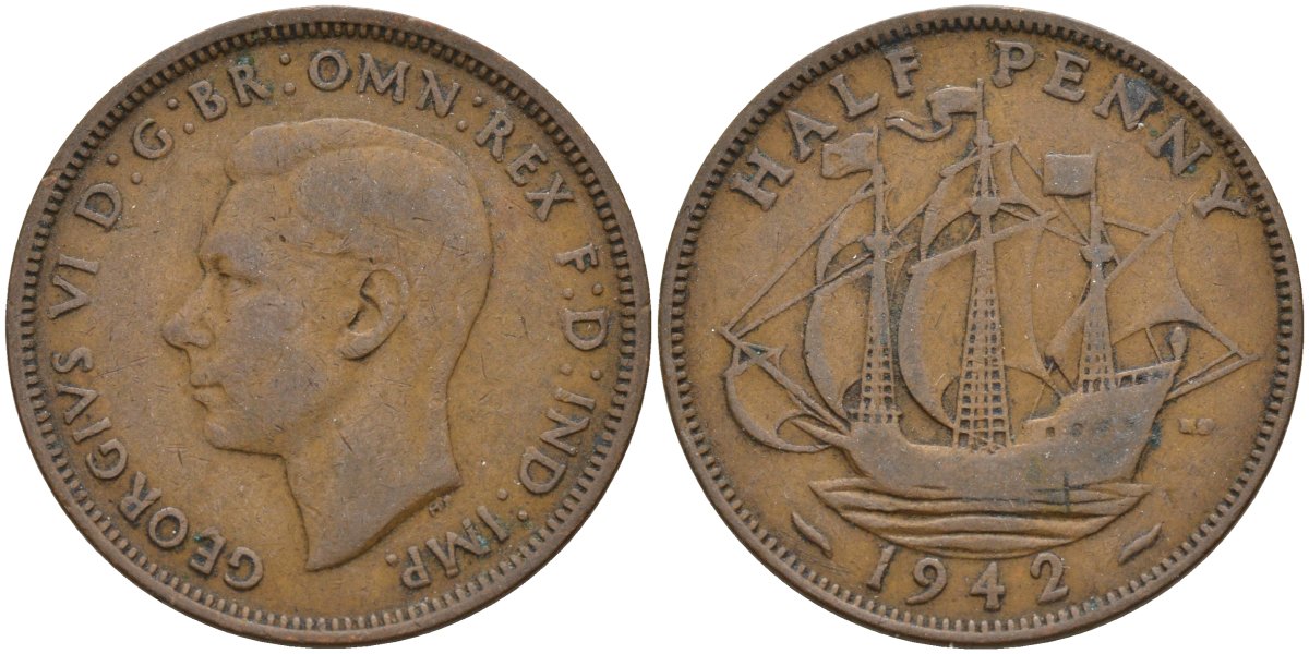 Великобритания 1/2 пенни 1942 Георг VI (1936-1952) KM 844, Spink 4115 бронза 4146-233