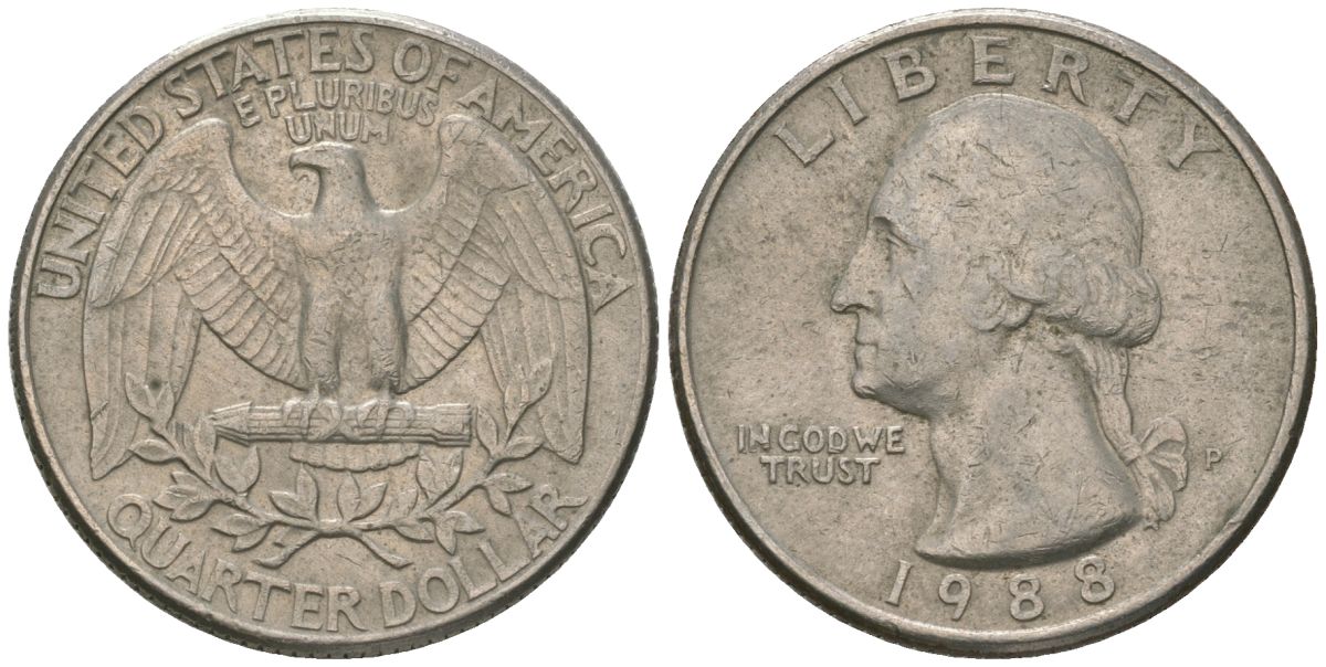 США 25 центов = квотер 1988 P, Вашингтон KM 164a медь плакированная медно-никелем 4595-1253