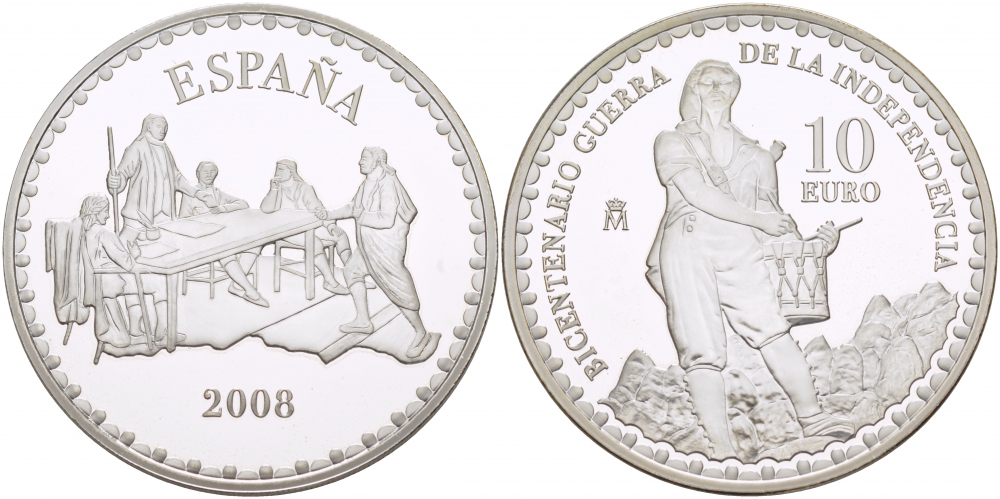 Испания 10 евро 2008 200 лет войне за независимость, Тимбалер дель Брук серебро PROOF 11-282-44