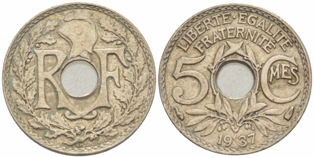 ФРАНЦИЯ 5 САНТИМОВ 1937 ТИП ЛИНДАЙЁ KM 875, LE FRANC 122.20 медно-никель 105-413