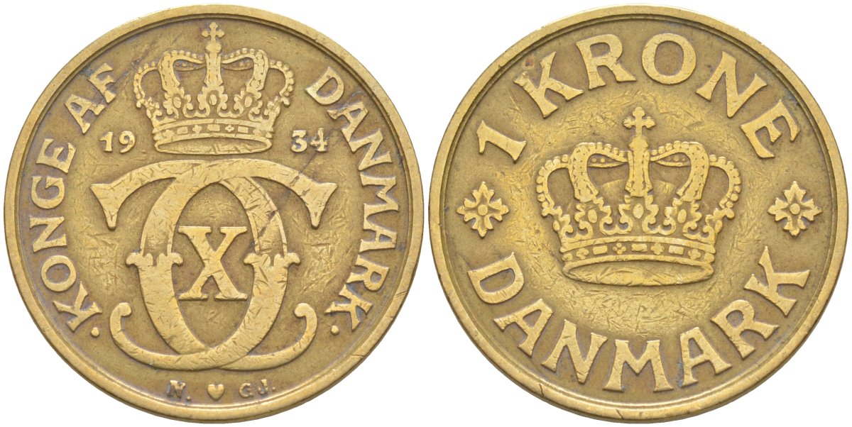 Дания 1 крона 1934 N; GJ, Кристиан X (1912-1947) KM 824.2 алюминиевая бронза 106-734