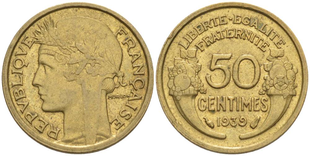 ФРАНЦИЯ 50 САНТИМОВ 1939 ТИП MORLON KM 894.1, LE FRANC 192.15 алюминиевая бронза 44-839