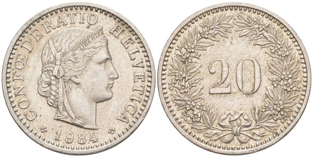 ШВЕЙЦАРИЯ 20 РАППЕНОВ 1984 KM 29a медно-никель 55-1015