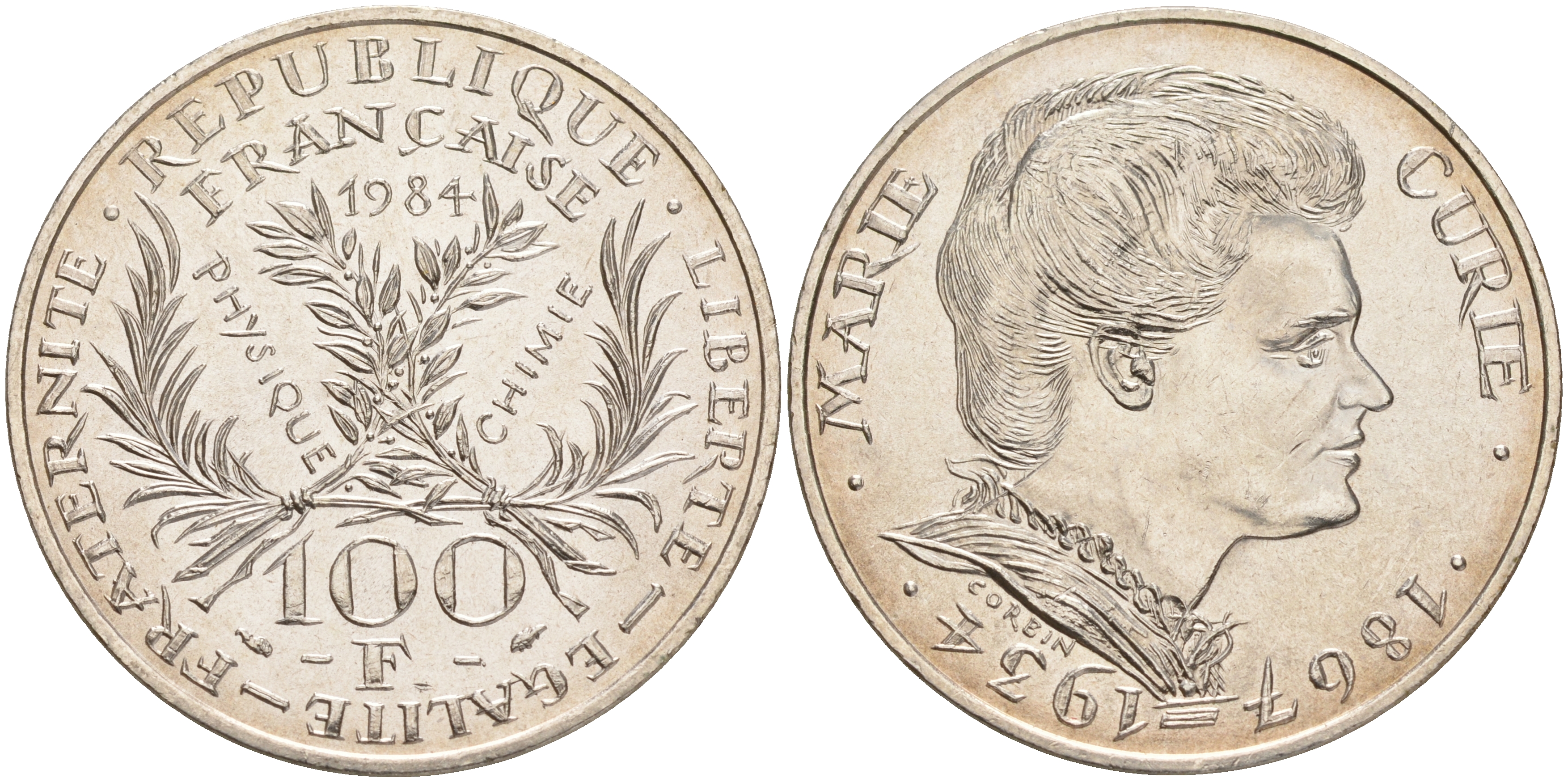 Франция 100 франков 1984 50 лет со дня смерти Марии Кюри KM 955 серебро 4557-1031