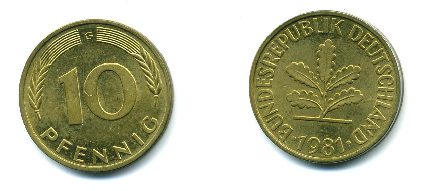 ФРГ 10 ПФЕННИГОВ 1981 G KM 108, J.383 сталь плакированная латунью 46-1324