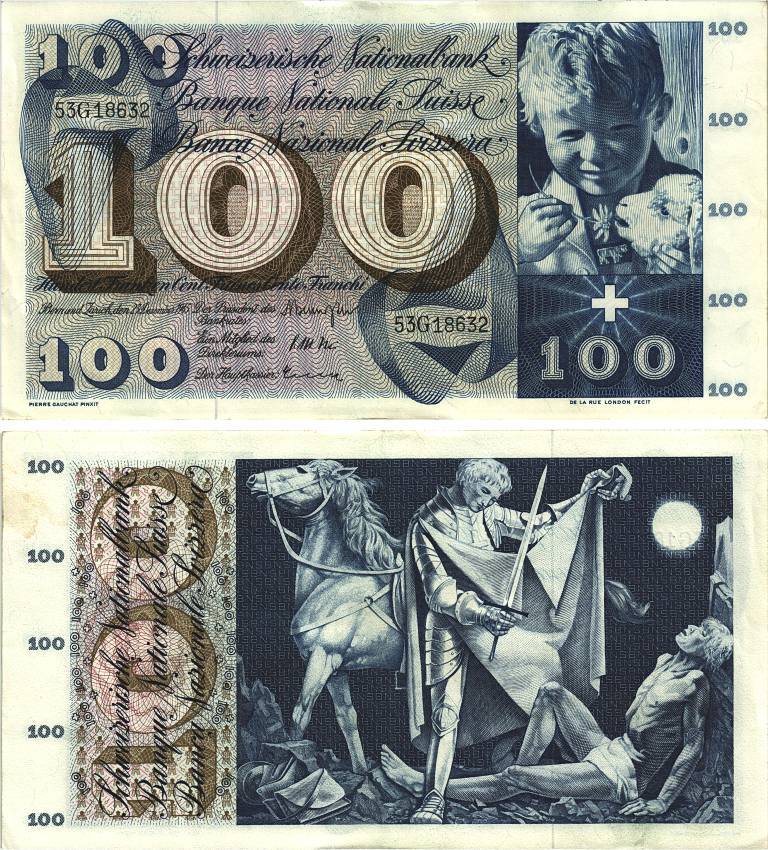 Швейцария 100 франков 1965 23 декабря 1965, серия 53 G, подпись 41 Pick 49 h бумага 8606-23-2-1