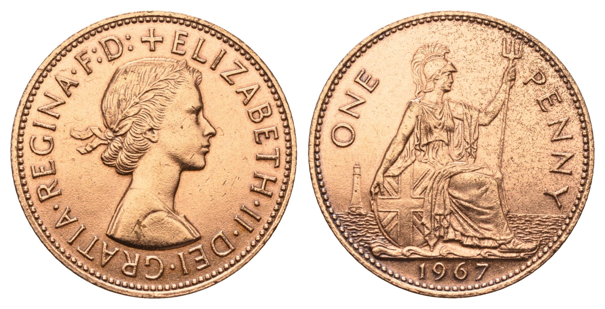 Великобритания 1 пенни 1967 Елизавета II (1952-2022) KM 897, Spink 4157 бронза 4389-923