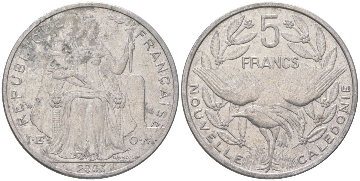 Французская Новая Каледония 5 франков 2003 птица кагу, (IEOM) KM 16, Schoen 12, Lec 81h алюминий 189-833