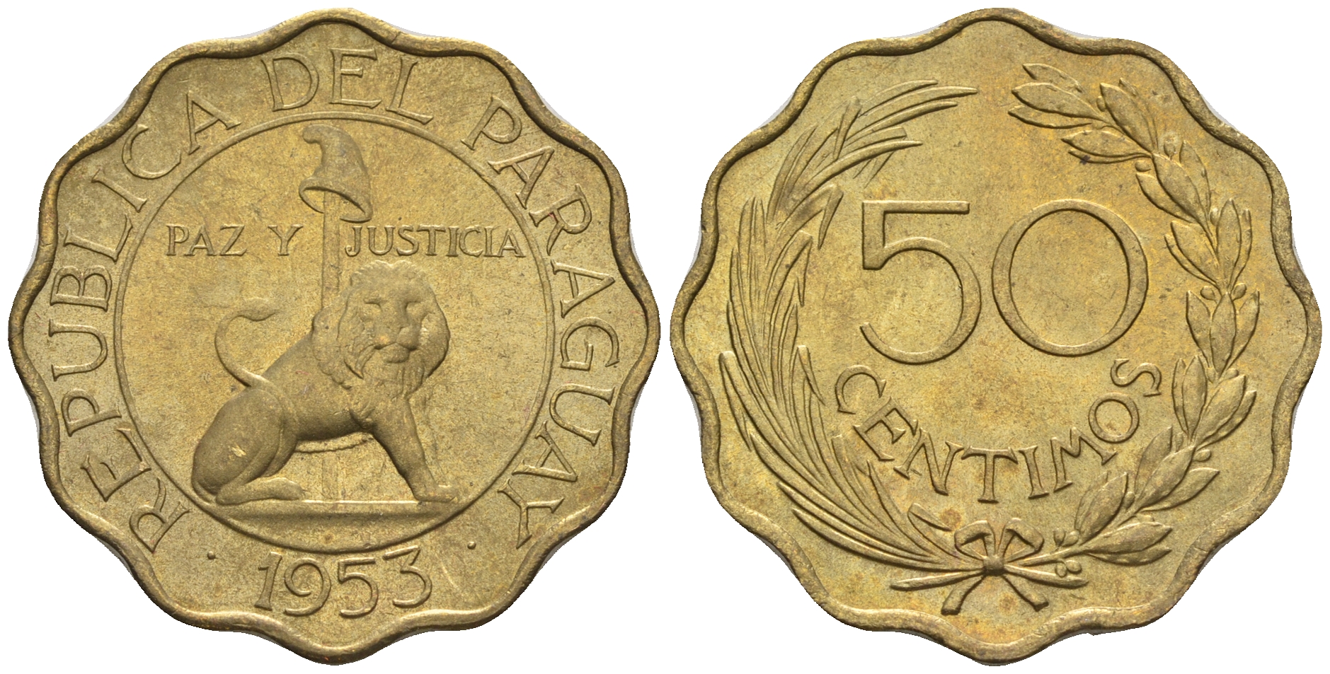 Парагвай 50 сентимо 1953 лев, фригийский колпак на шесте KM 28 алюминиевая бронза  aUNC  4177-737