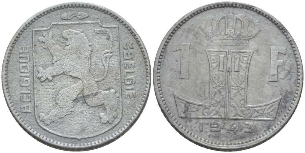 БЕЛЬГИЯ 1 ФРАНК 1943 BELGIQUE-BELGIE, ЛЕОПОЛЬД II (1934-1950), ГЕРМАНСКАЯ ОККУПАЦИЯ, ВТОРАЯ МИРОВАЯ ВОЙНА, В ЛАКЕ KM 127 цинк 202-935