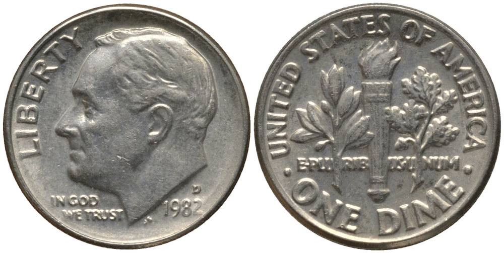 США 10 центов (дайм) 1982 D, Рузвельт KM 195а медь плакированная медно-никелем 3955-1069