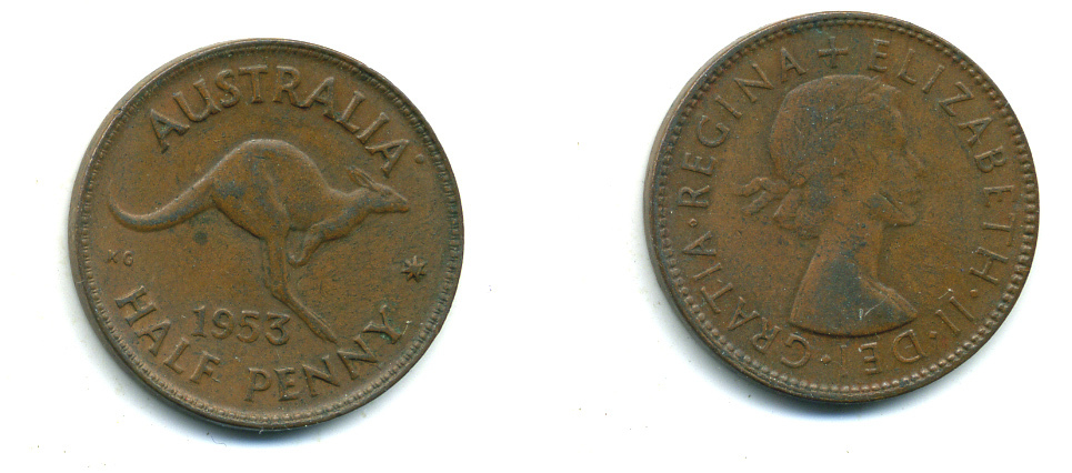 АВСТРАЛИЯ 1/2 ПЕННИ 1953 КЕНГУРУ, ЕЛИЗАВЕТА II KM 49 бронза 57-542