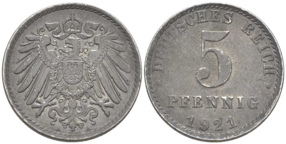 ГЕРМАНИЯ 5 ПФЕННИГОВ 1921 A KM 19, J. 297, Weege 5 железо 206-747