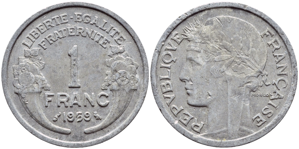 ФРАНЦИЯ 1 ФРАНК 1959 ТИП MORLON, LEGERE KM 885a.1, LE FRANC 221.23 алюминий 4397-717