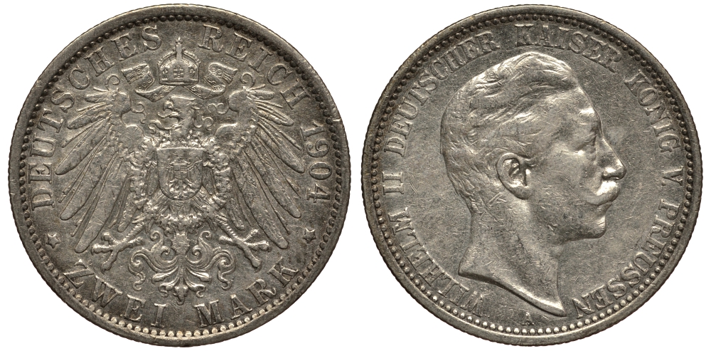 Пруссия 2 марки 1904 A, Вильгельм II (1888-1918) J.102, Weege 101, KM 522 серебро 3711-731