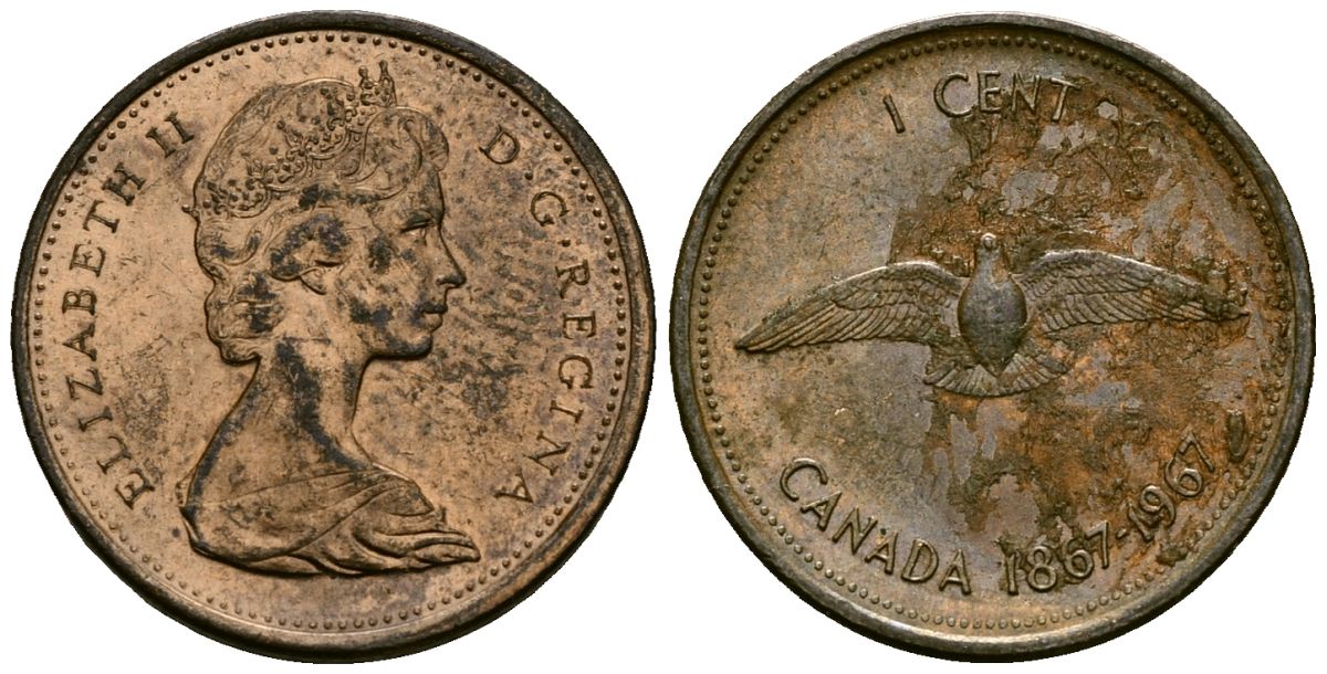 Канада 1 цент 1967 птица, 100 лет конфедерации, Королева Елизавета II (1953-) KM 65 бронза 4173-1132