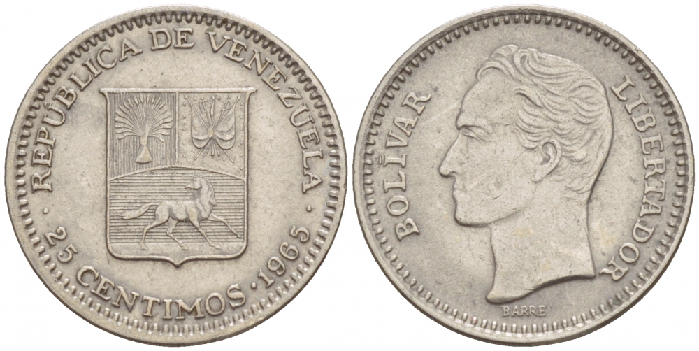 Венесуэла 25 сентимо 1965 Симон Боливар KM 40 никель 4547-954