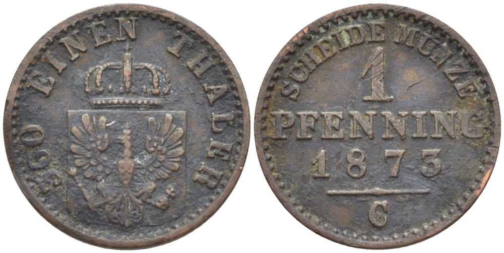ПРУССИЯ 1 ПФЕННИГ 1873 С, ВИЛЬГЕЛЬМ I (1861-1888) KM 480 медь 201-561
