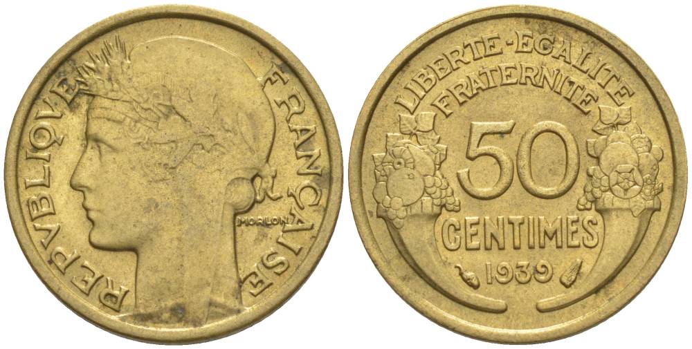 ФРАНЦИЯ 50 САНТИМОВ 1939 ТИП MORLON KM 894.1, LE FRANC 192.15 алюминиевая бронза 44-827